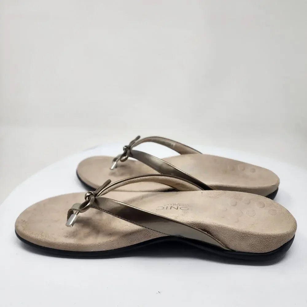 Vionic Bella II Flipflop Sandal Women 9 Champagne Gold Metallic Bow Comfort Shoe